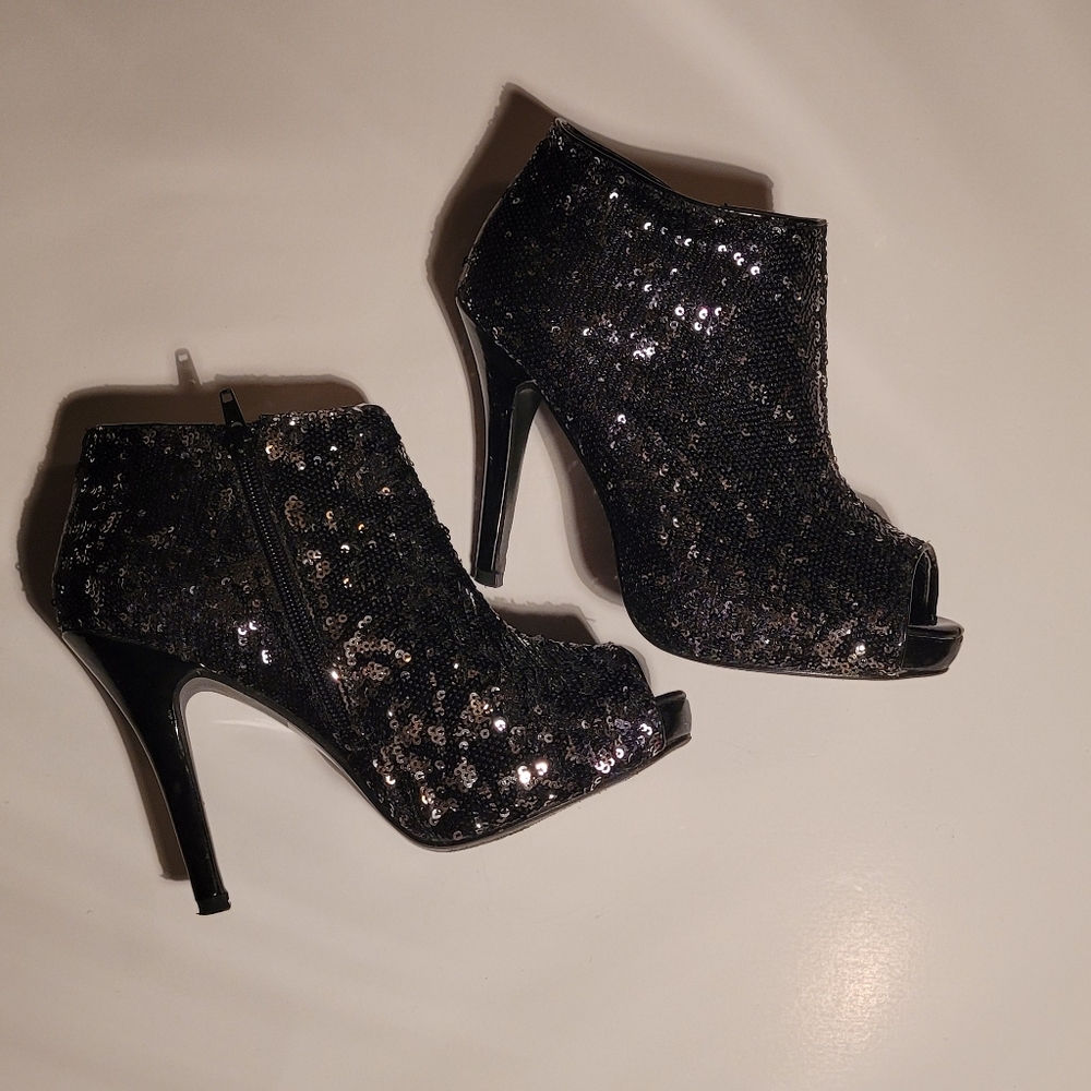 Black and Silver sequin peep toe booties